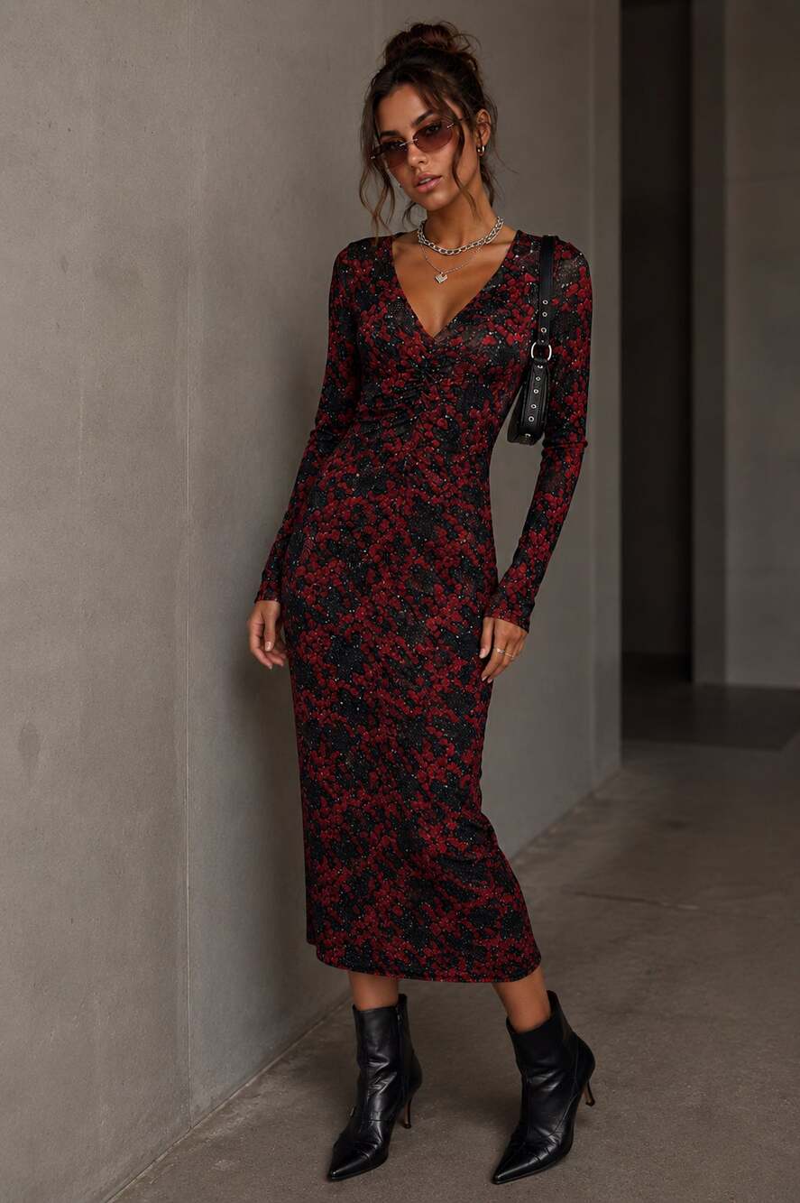 Roberto Cavalli Midi Dress Ruche Half Sleeve V Neck Mesh Y2K Red Black Size 40 2